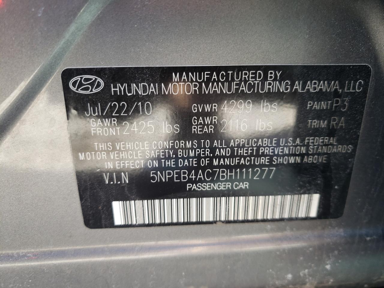 Photo 10 from auction – 2011 HYUNDAI SONATA GLS with VIN 5NPEB4AC7BH111277