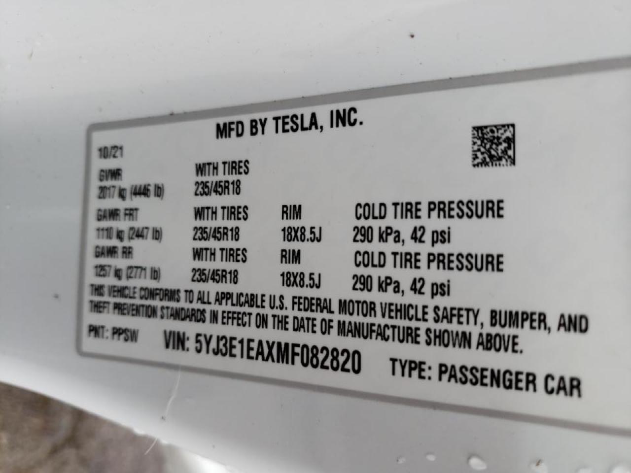 Photo 10 from auction – 2021 TESLA MODEL 3 with VIN 5YJ3E1EAXMF082820