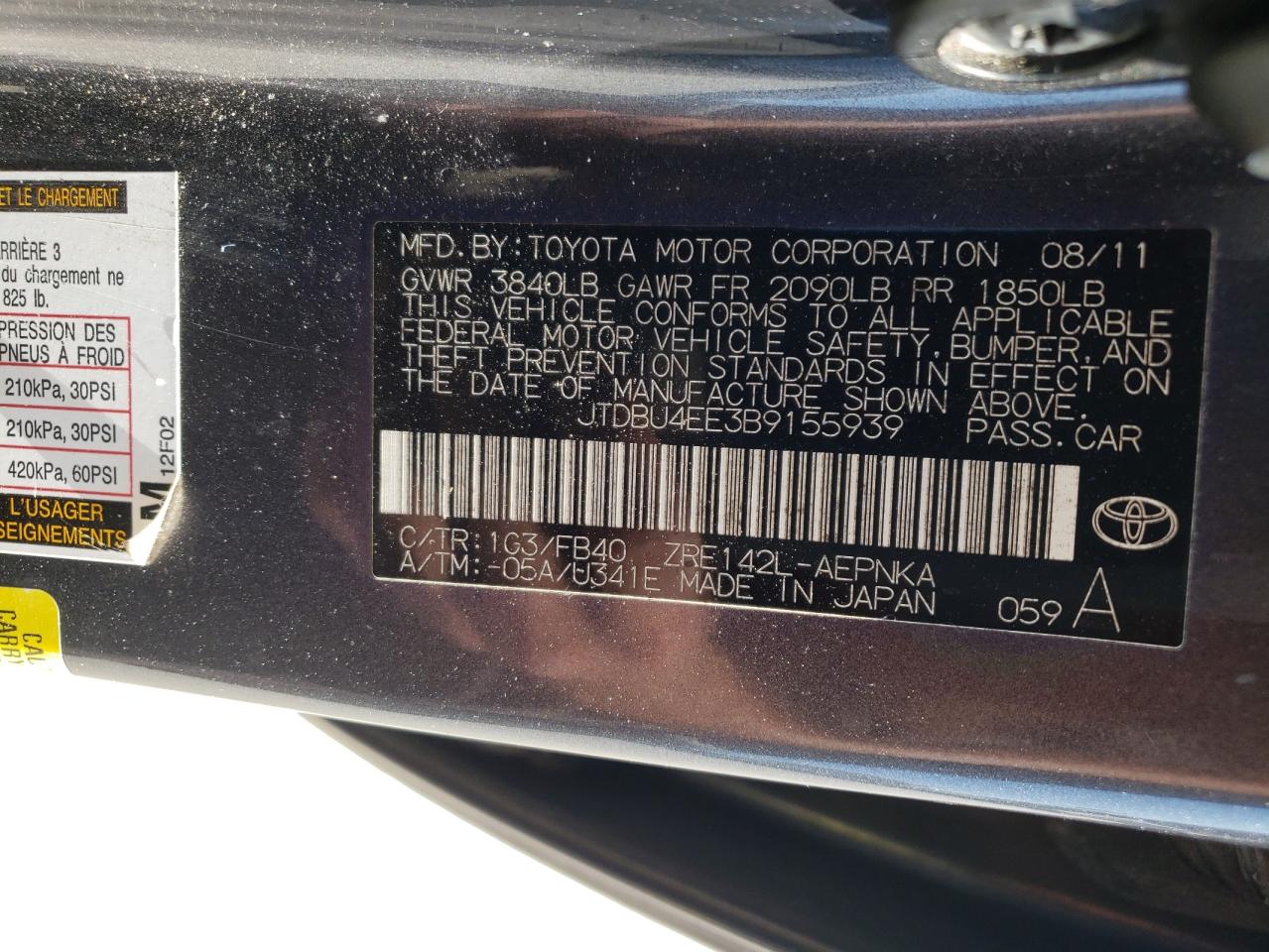 Photo 10 from auction – 2011 TOYOTA COROLLA BA with VIN JTDBU4EE3B9155939