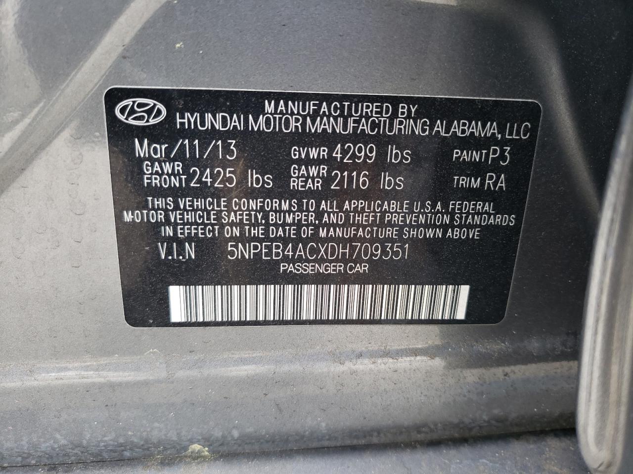 Photo 10 from auction – 2013 HYUNDAI SONATA GLS with VIN 5NPEB4ACXDH709351