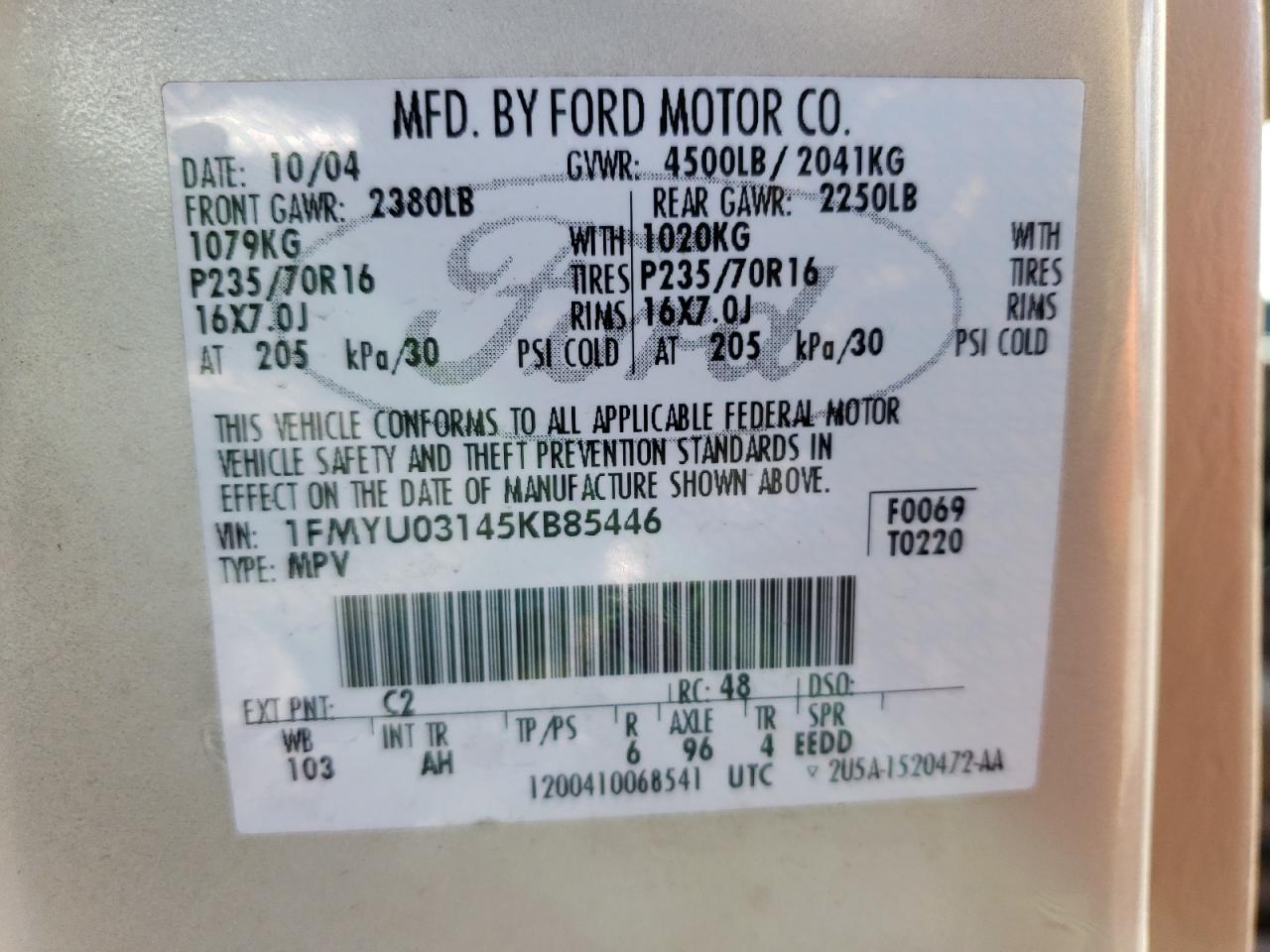 Photo 10 from auction – 2005 FORD ESCAPE XLT with VIN 1FMYU03145KB85446