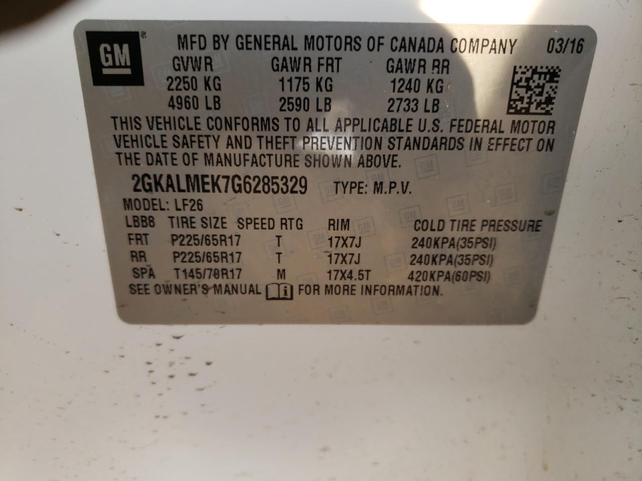 Photo 10 from auction – 2016 GMC TERRAIN SL with VIN 2GKALMEK7G6285329