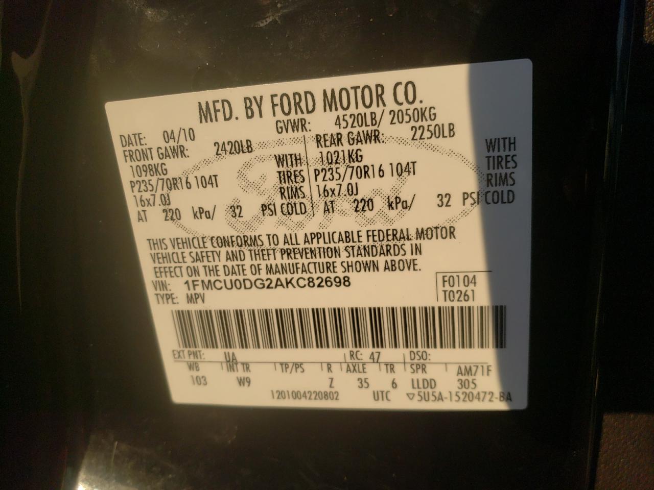 Photo 10 from auction – 2010 FORD ESCAPE XLT with VIN 1FMCU0DG2AKC82698