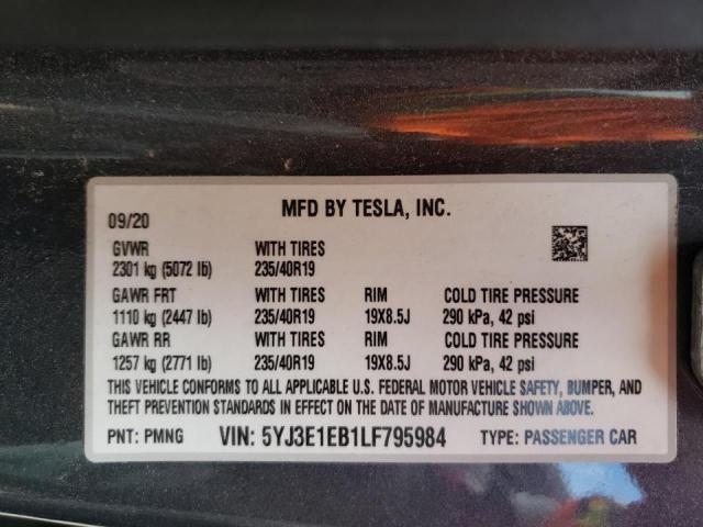 Photo 9 from auction – 2020 TESLA MODEL 3 with VIN 5YJ3E1EB1LF795984
