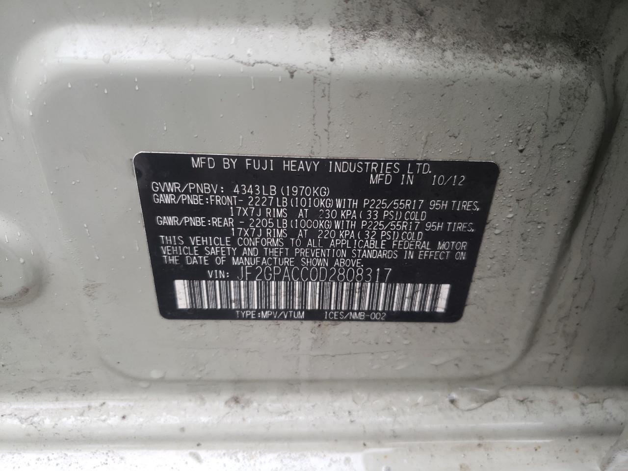 Photo 10 from auction – 2013 SUBARU XV CROSSTR with VIN JF2GPACC0D2808317