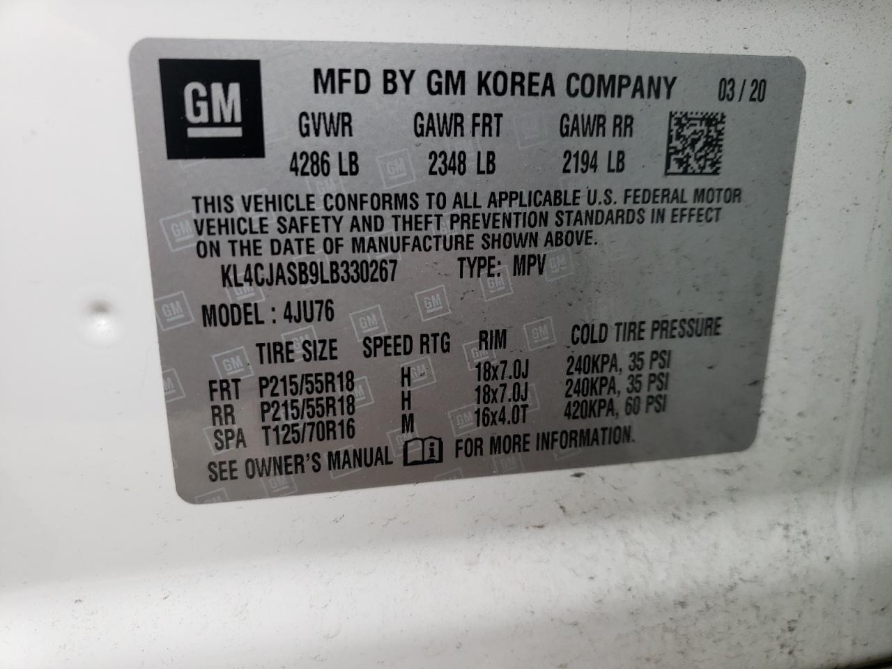 Photo 10 from auction – 2020 BUICK ENCORE PRE with VIN KL4CJASB9LB330267