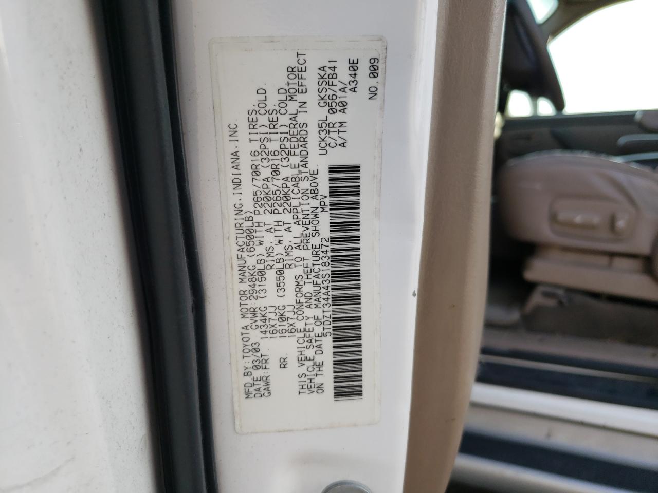 Photo 10 from auction – 2003 TOYOTA SEQUOIA SR with VIN 5TDZT34A43S183472