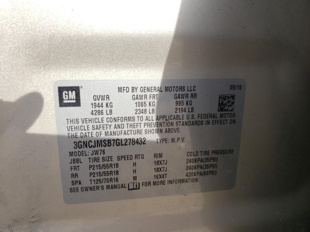 Photo 10 from auction – 2016 CHEVROLET TRAX LTZ with VIN 3GNCJMSB7GL278432