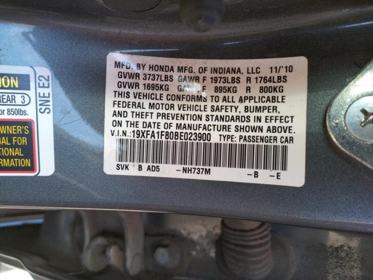 Zdjęcie 10 z aukcji – 2011 HONDA CIVIC EX z VIN 19XFA1F80BE023900