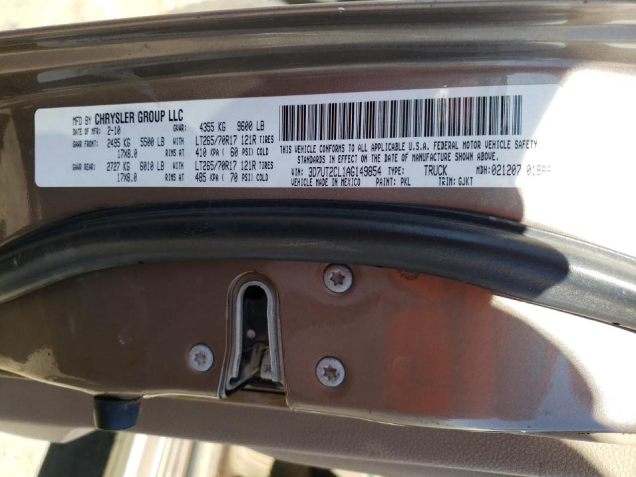 Photo 10 from auction – 2010 DODGE RAM 2500 with VIN 3D7UT2CL1AG149854