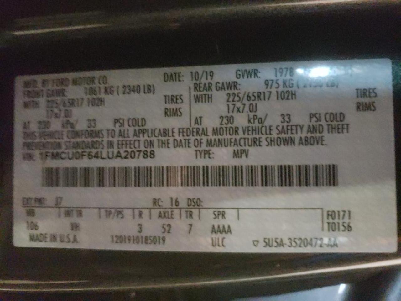 Photo 10 from auction – 2020 FORD ESCAPE S with VIN 1FMCU0F64LUA20788