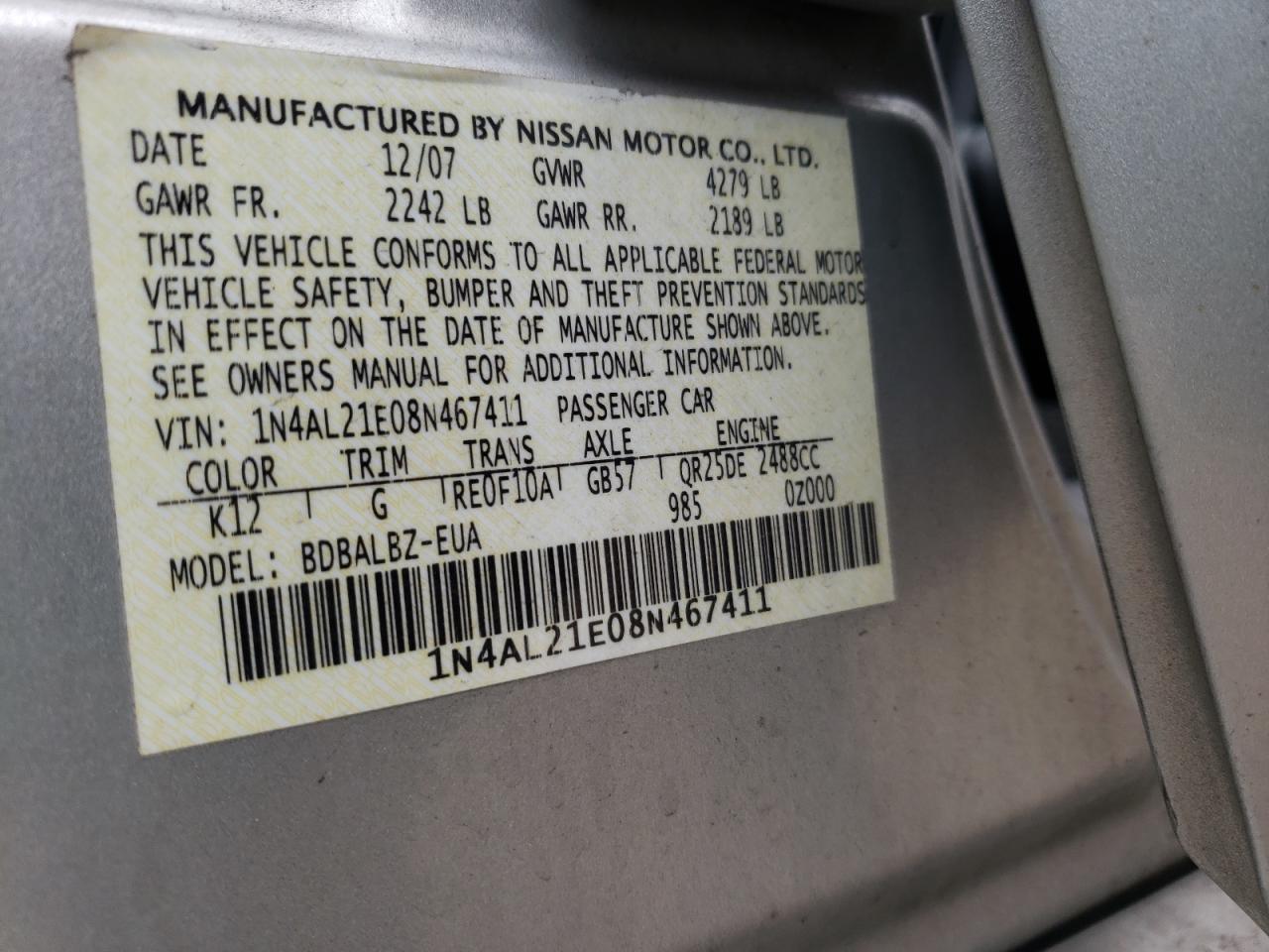 Photo 10 from auction – 2008 NISSAN ALTIMA 2.5 with VIN 1N4AL21E08N467411
