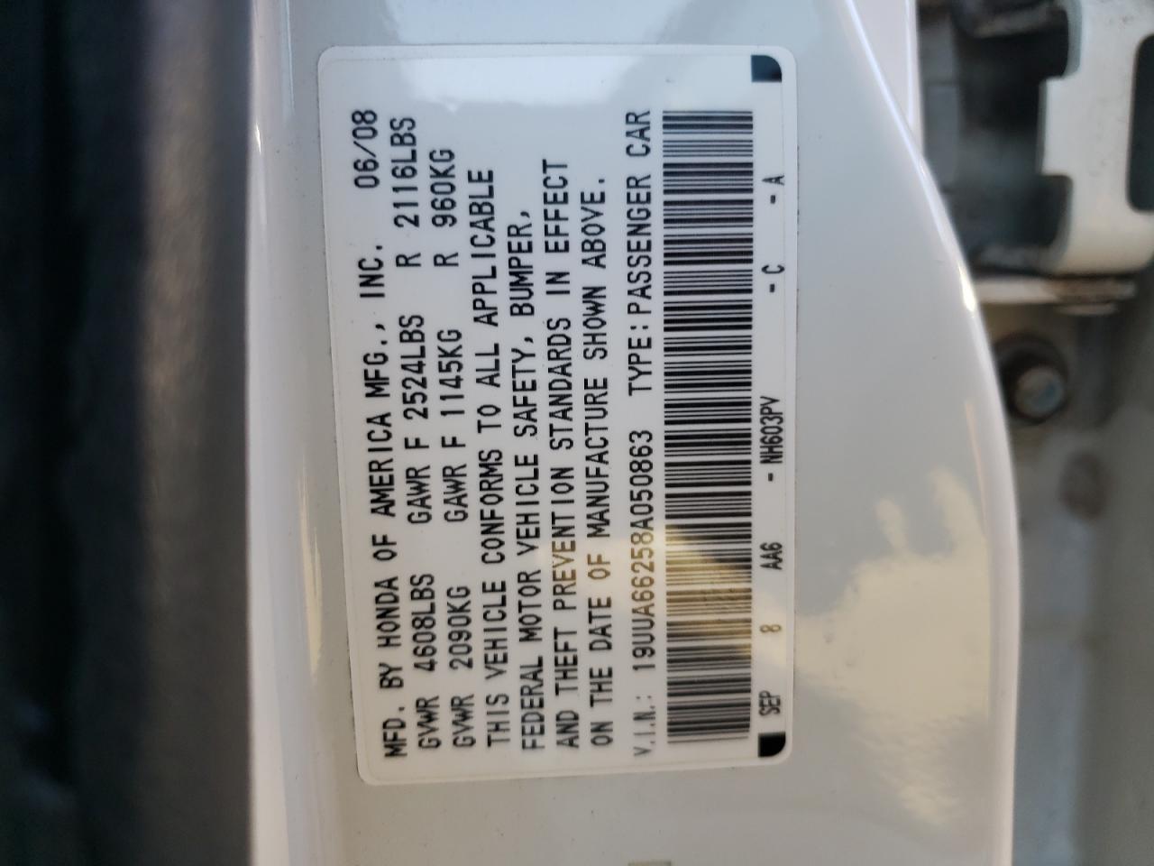 Photo 10 from auction – 2008 ACURA TL with VIN 19UUA66258A050863