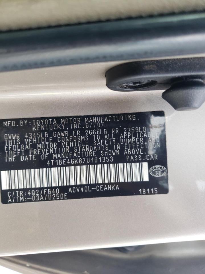 Photo 10 from auction – 2007 TOYOTA CAMRY with VIN 4T1BE46K87U191353