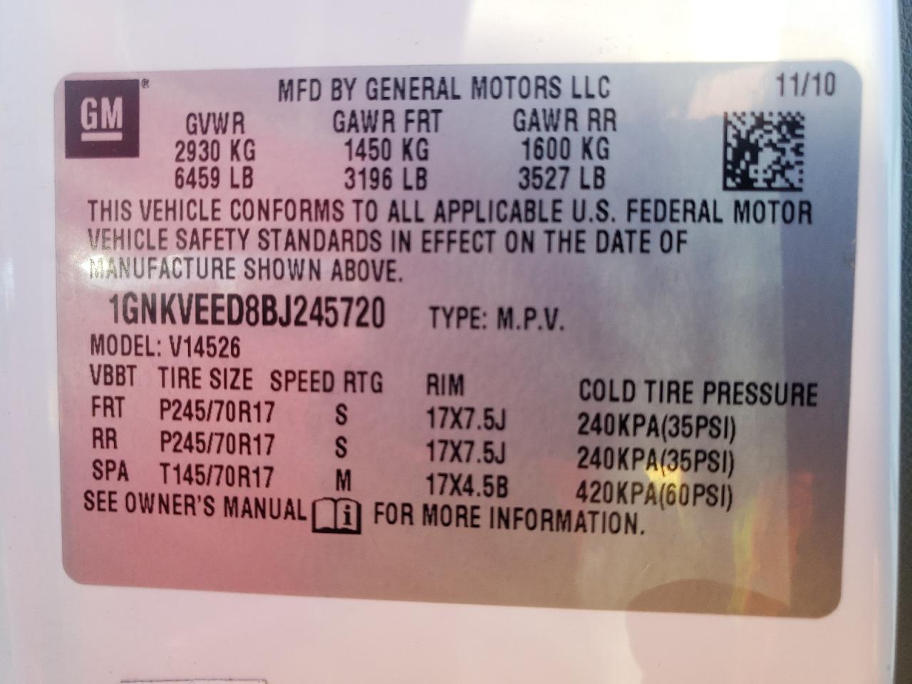 Photo 10 from auction – 2011 CHEVROLET TRAVERSE L with VIN 1GNKVEED8BJ245720