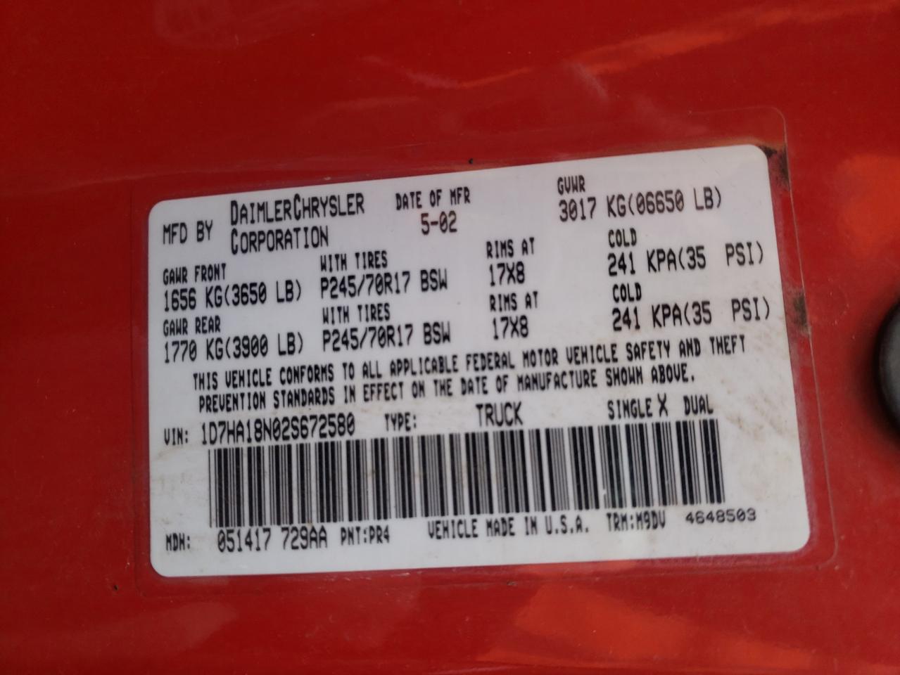 Photo 10 from auction – 2002 DODGE RAM 1500 with VIN 1D7HA18N02S672580