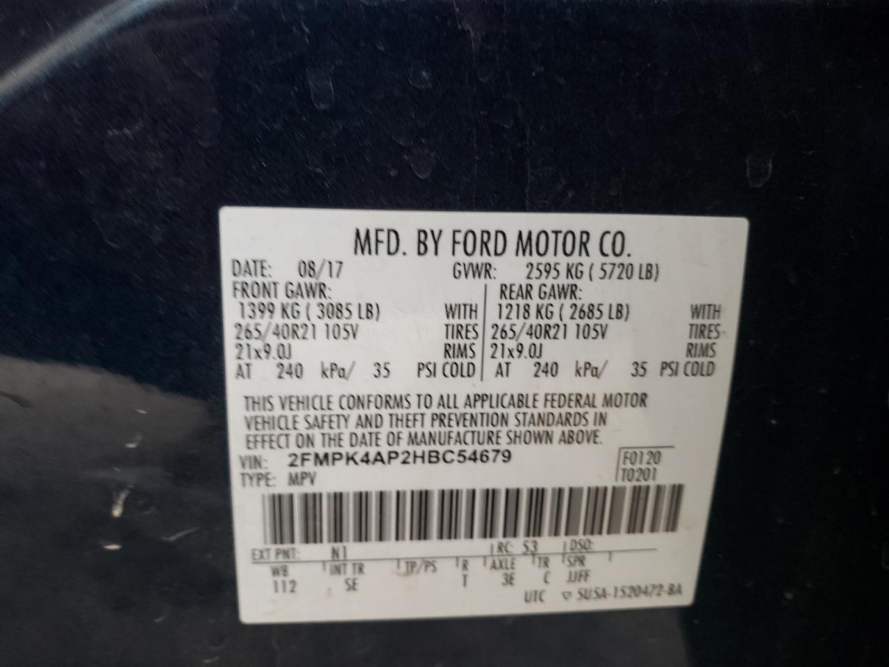 Photo 10 from auction – 2017 FORD EDGE SPORT with VIN 2FMPK4AP2HBC54679