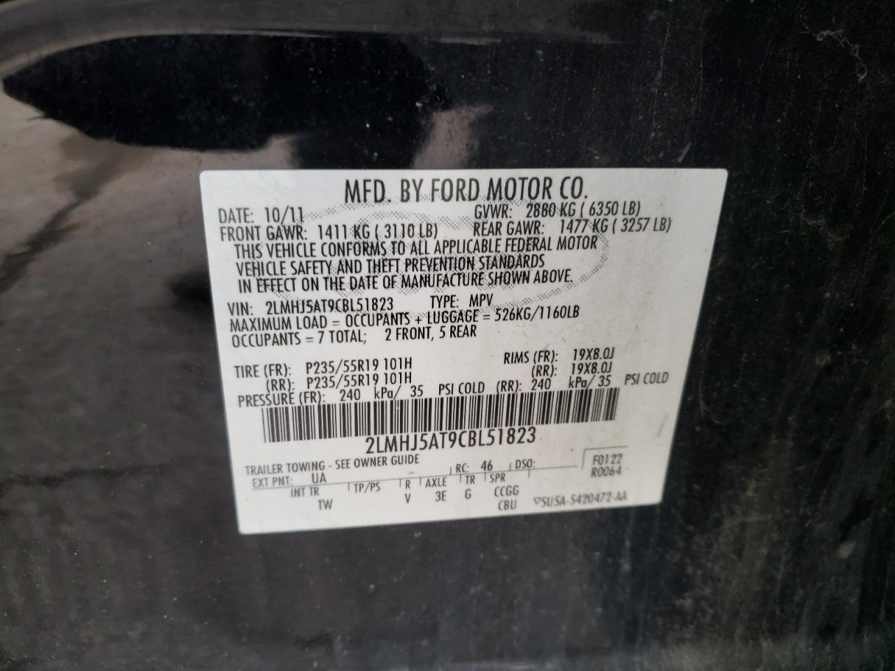 Photo 10 from auction – 2012 LINCOLN MKT with VIN 2LMHJ5AT9CBL51823