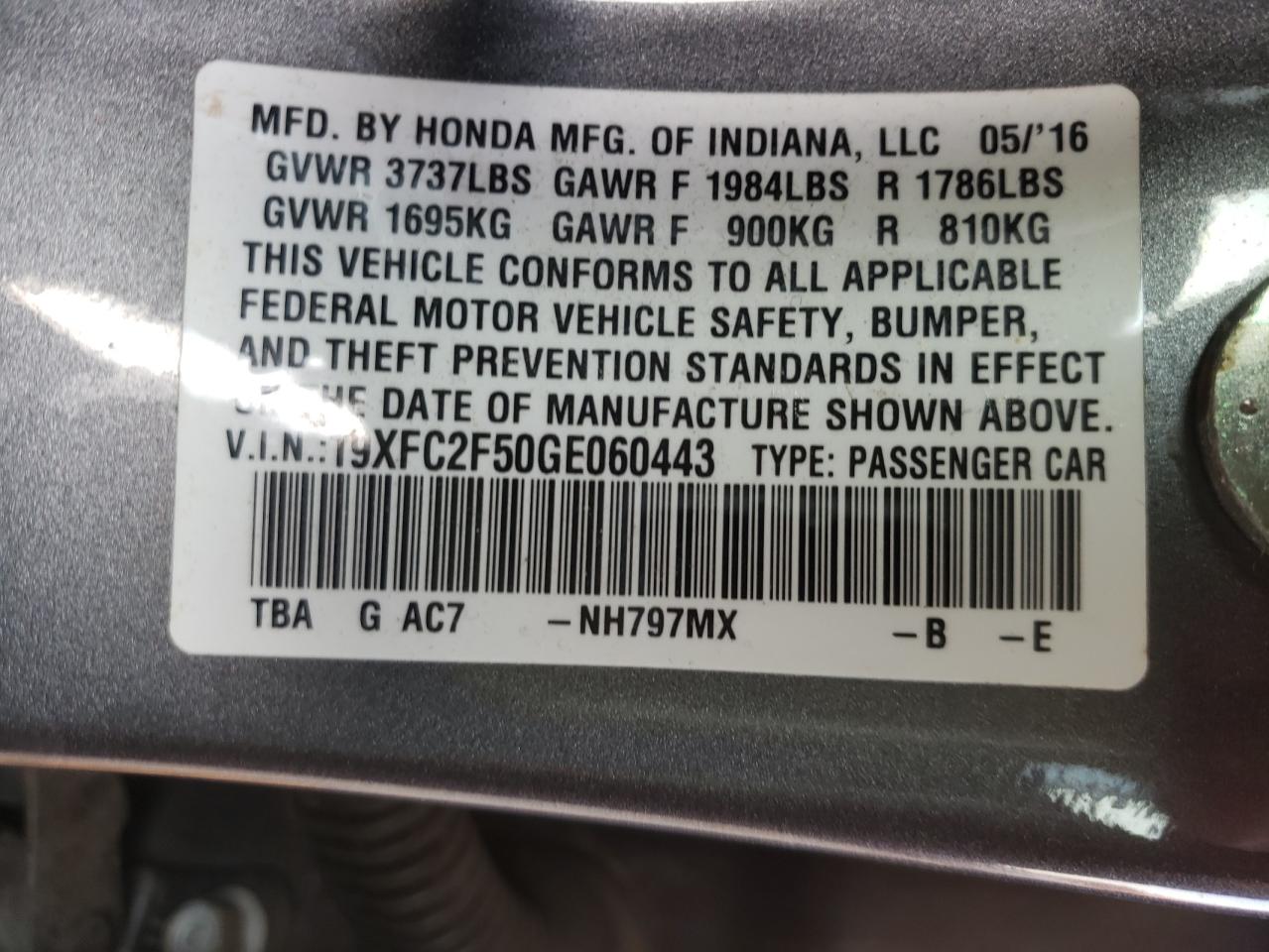 Photo 10 from auction – 2016 HONDA CIVIC LX with VIN 19XFC2F50GE060443