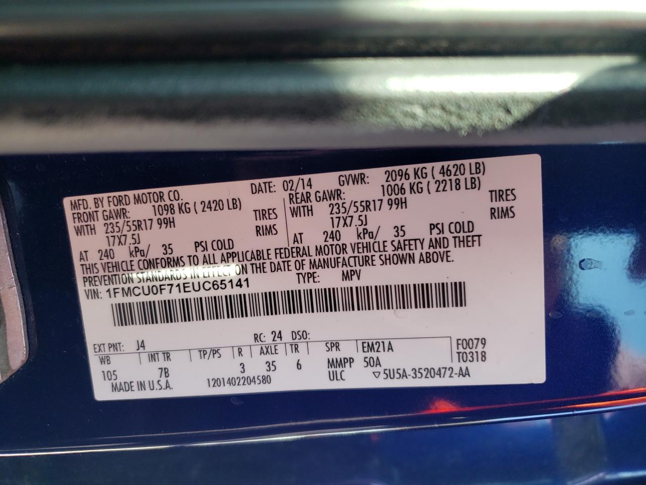 Photo 10 from auction – 2014 FORD ESCAPE S with VIN 1FMCU0F71EUC65141
