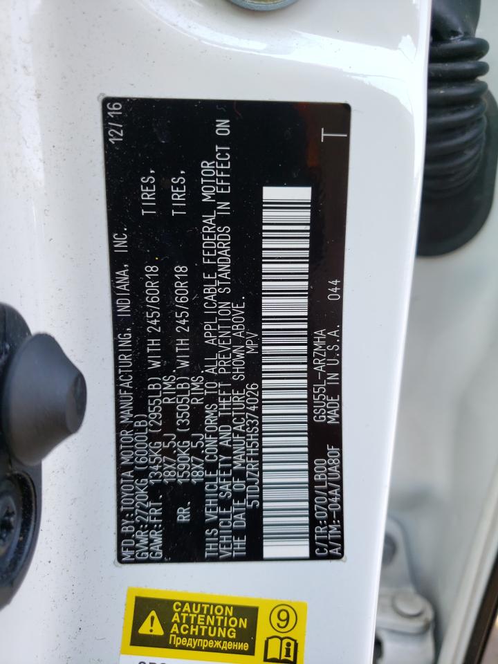 Photo 10 from auction – 2017 TOYOTA HIGHLANDER with VIN 5TDJZRFH5HS374026