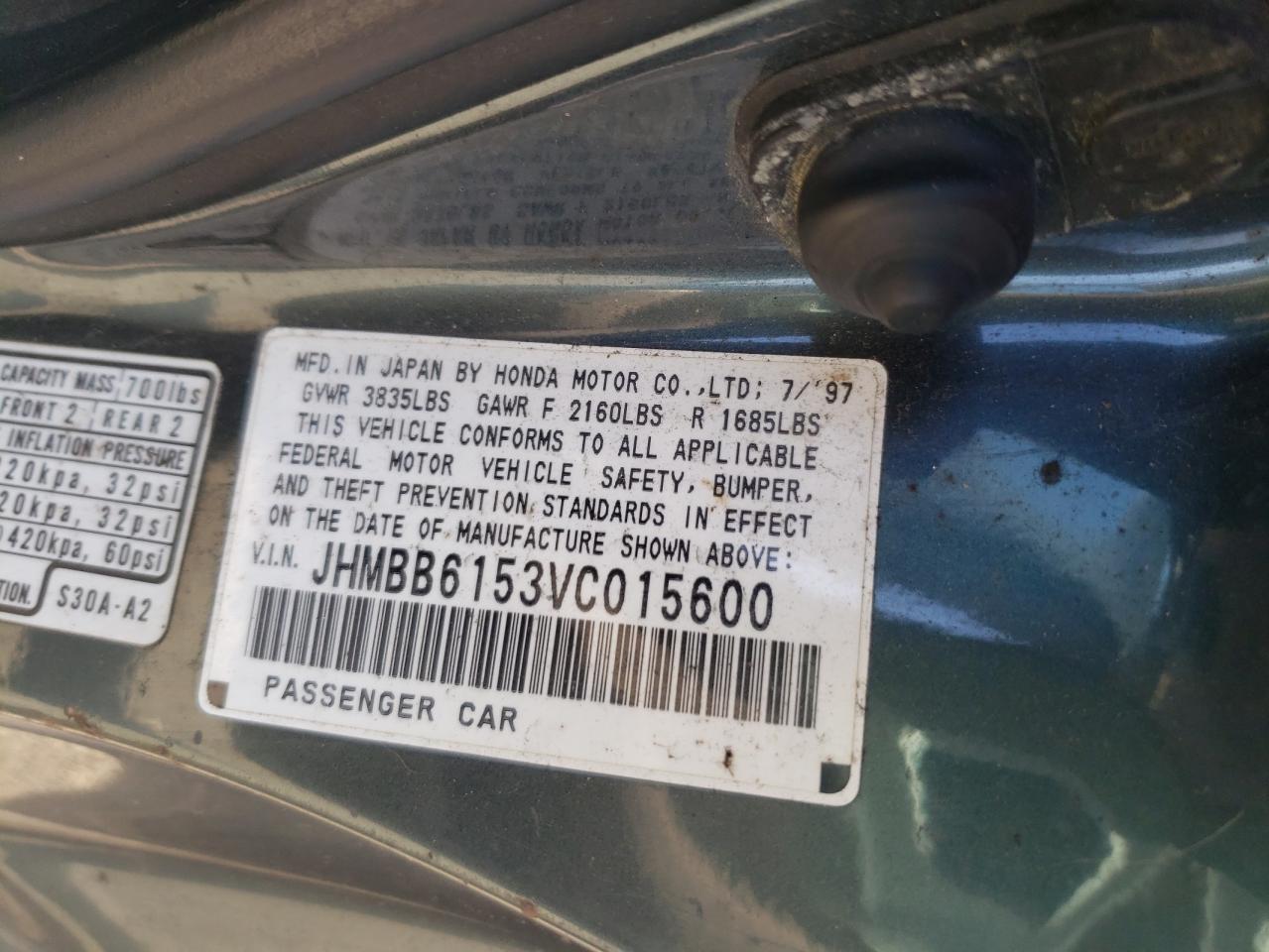 Photo 10 from auction – 1997 HONDA PRELUDE SH with VIN JHMBB6153VC015600
