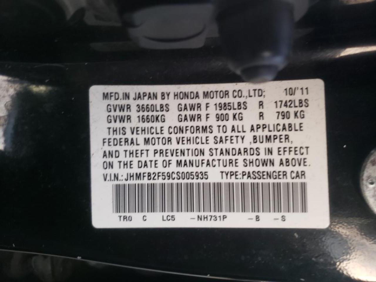 Photo 10 from auction – 2012 HONDA CIVIC LX with VIN JHMFB2F59CS005935
