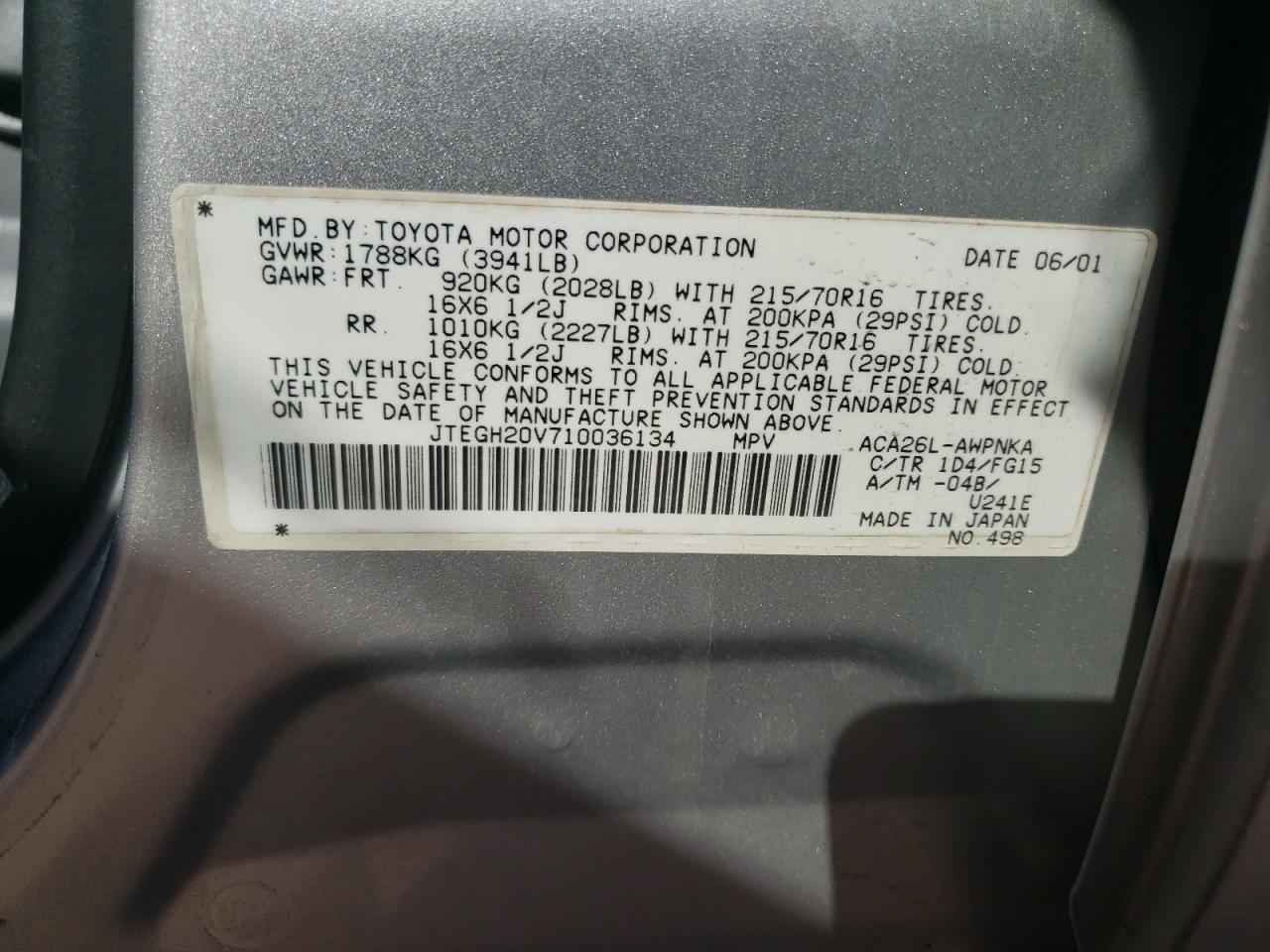 Photo 10 from auction – 2001 TOYOTA RAV4 with VIN JTEGH20V710036134