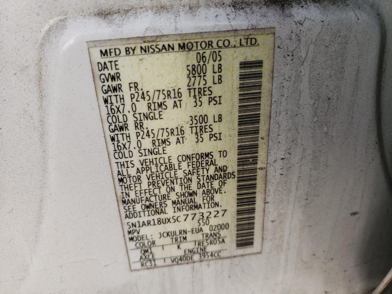 Photo 10 from auction – 2005 NISSAN PATHFINDER with VIN 5N1AR18UX5C773227