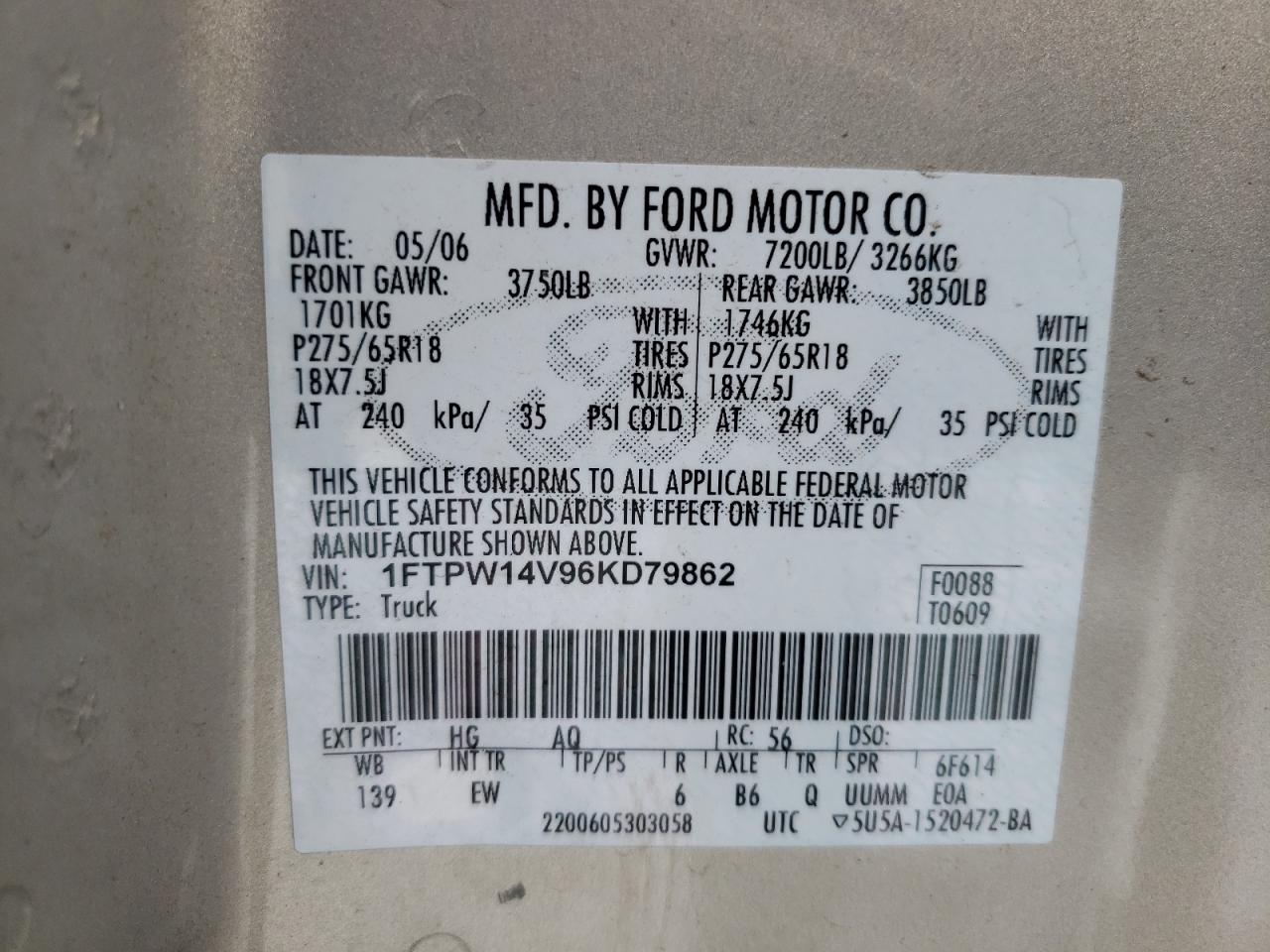 Photo 10 from auction – 2006 FORD F150 SUPER with VIN 1FTPW14V96KD79862