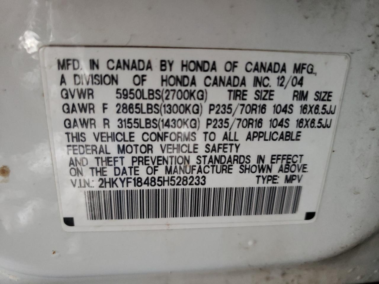 Photo 10 from auction – 2005 HONDA PILOT EX with VIN 2HKYF18485H528233
