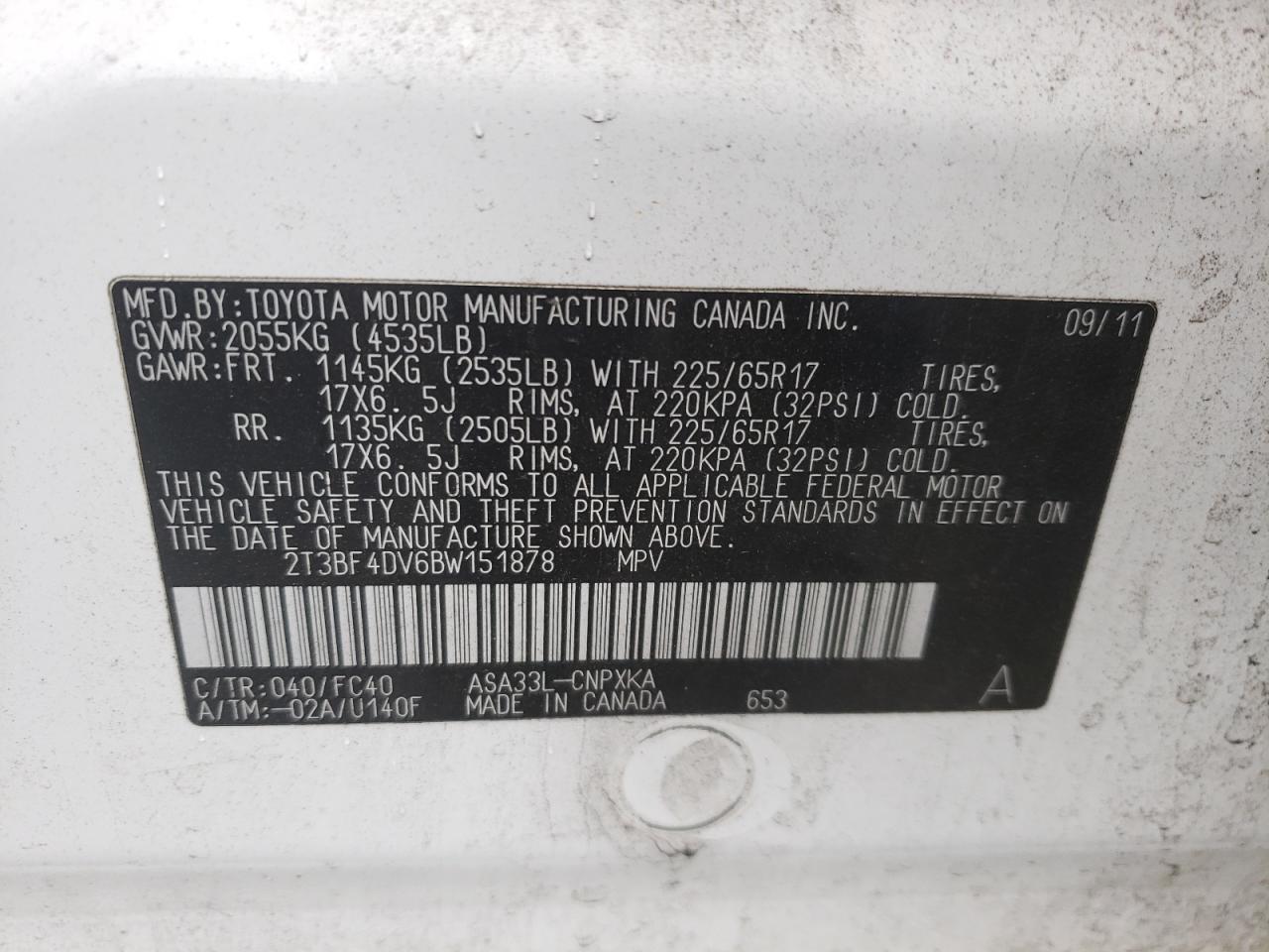 Photo 10 from auction – 2011 TOYOTA RAV4 with VIN 2T3BF4DV6BW151878