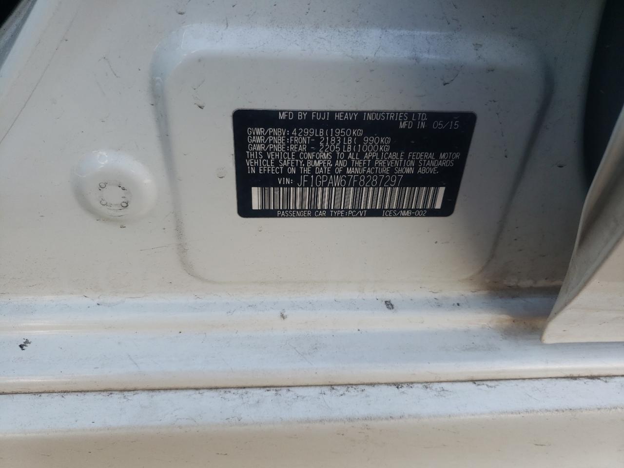 Photo 10 from auction – 2015 SUBARU IMPREZA SP with VIN JF1GPAW67F8287297