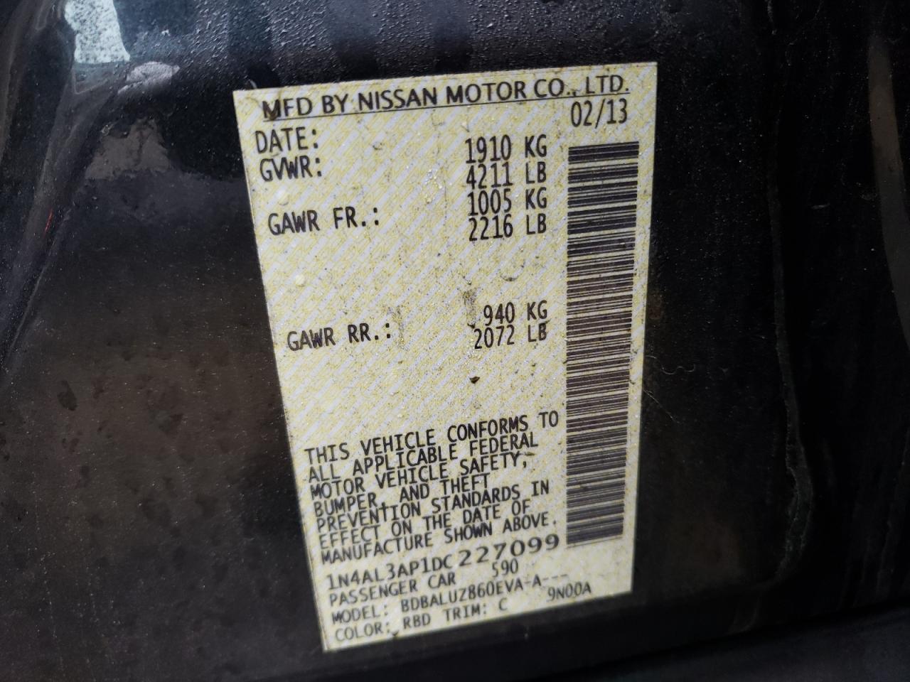 Photo 10 from auction – 2013 NISSAN ALTIMA 2.5 with VIN 1N4AL3AP1DC227099
