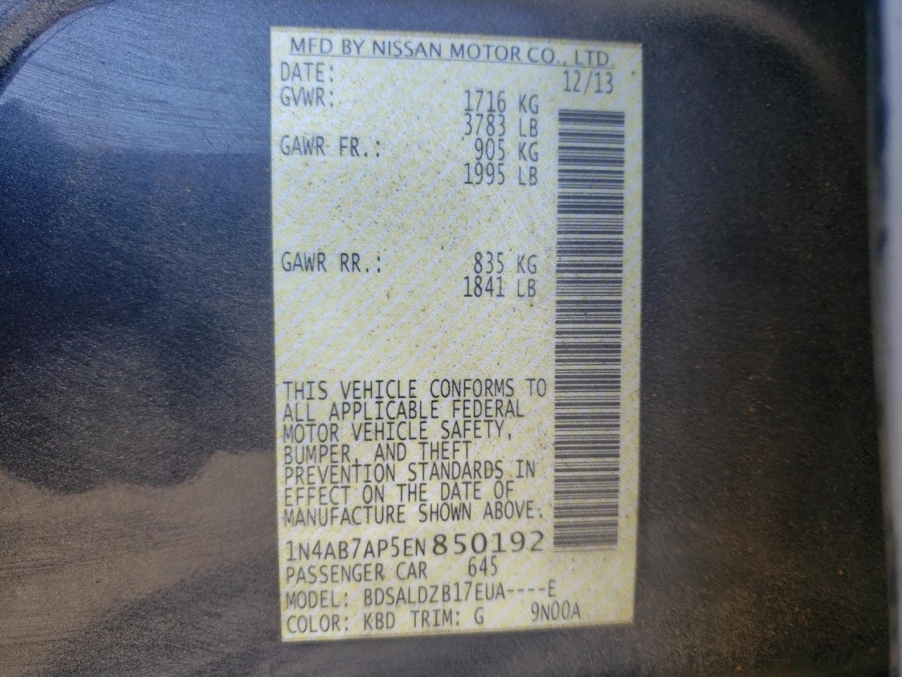 Photo 10 from auction – 2014 NISSAN SENTRA S with VIN 1N4AB7AP5EN850192