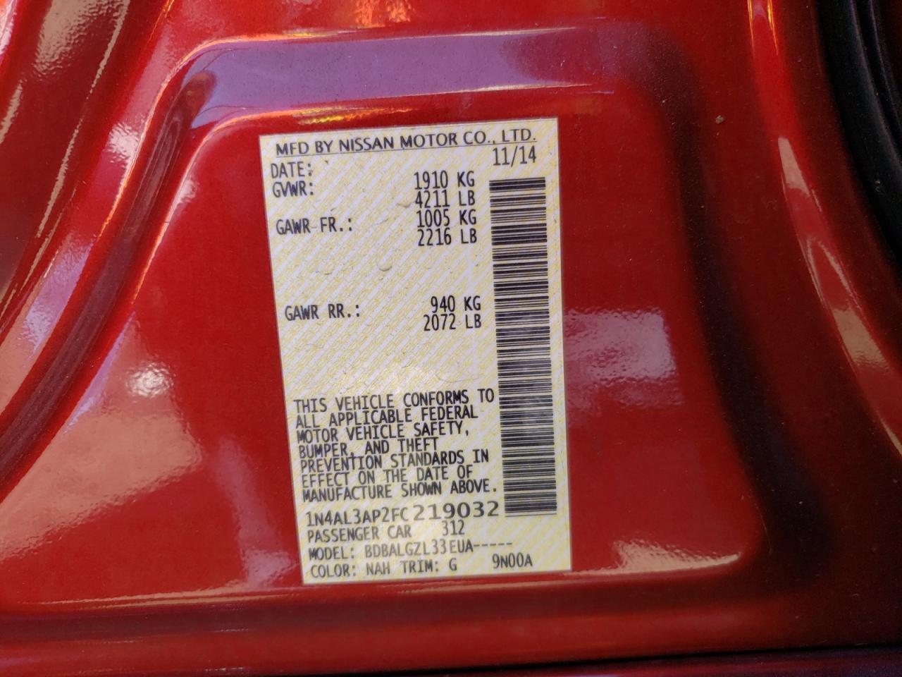Photo 10 from auction – 2015 NISSAN ALTIMA 2.5 with VIN 1N4AL3AP2FC219032