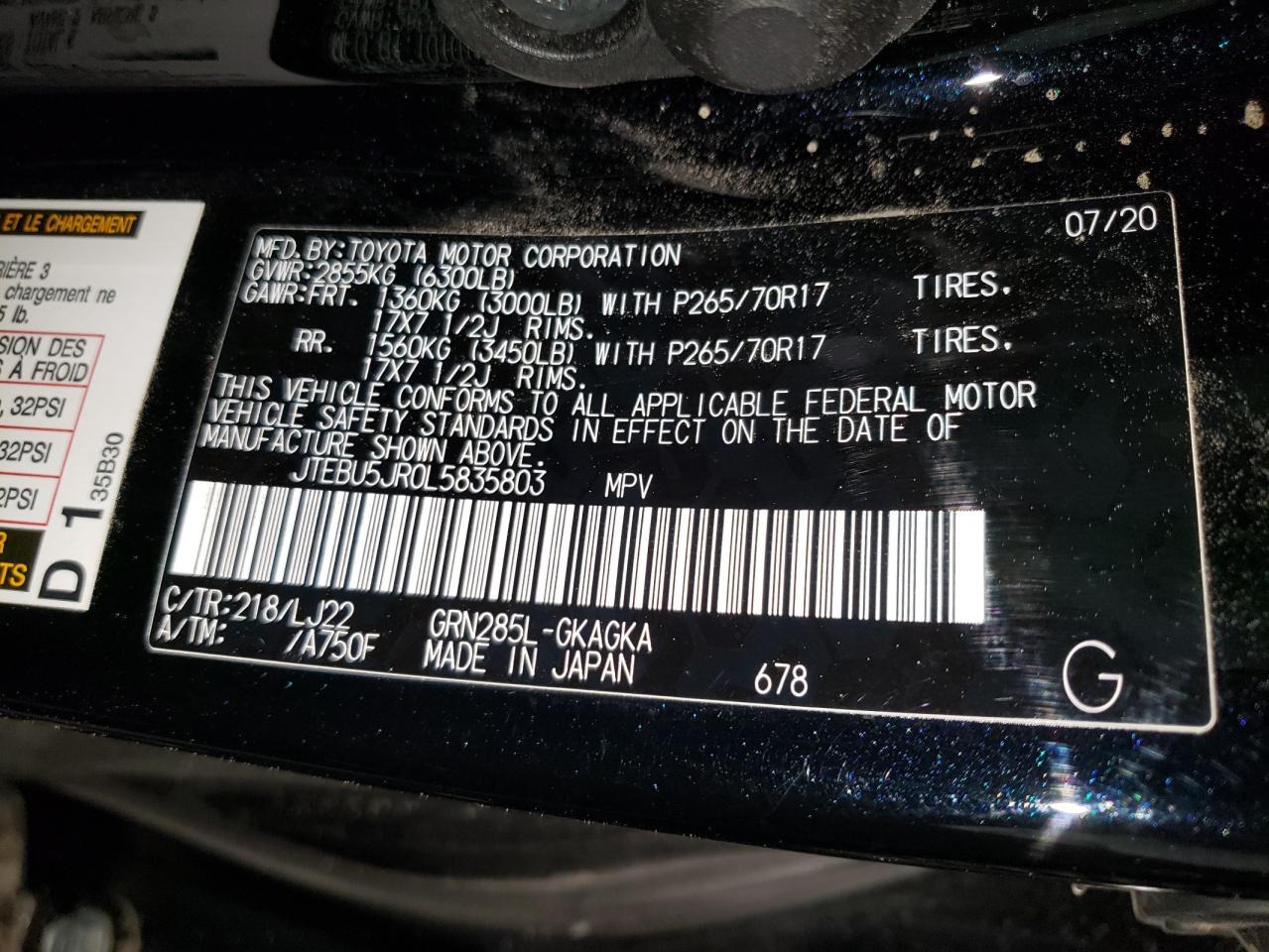 Photo 10 from auction – 2020 TOYOTA 4RUNNER SR with VIN JTEBU5JR0L5835803