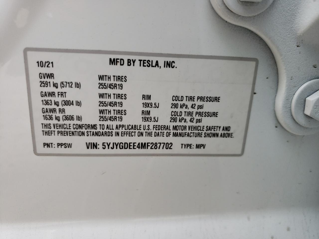 Photo 10 from auction – 2021 TESLA MODEL Y with VIN 5YJYGDEE4MF287702
