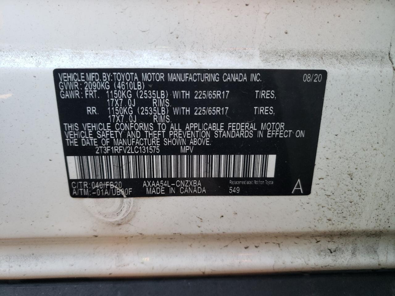 Photo 10 from auction – 2020 TOYOTA RAV4 LE with VIN 2T3F1RFV2LC131575