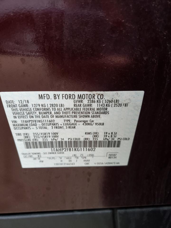 Photo 10 from auction – 2019 FORD TAURUS LIM with VIN 1FAHP2F81KG111602