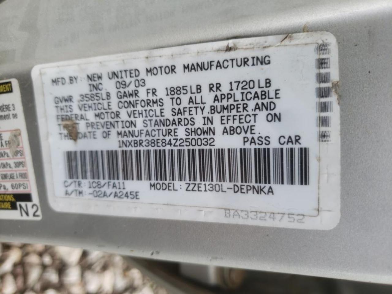 Photo 10 from auction – 2004 TOYOTA COROLLA CE with VIN 1NXBR38E84Z250032