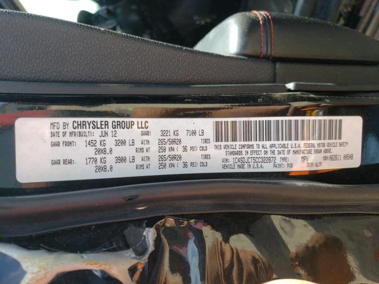 Photo 10 from auction – 2012 DODGE DURANGO R/ with VIN 1C4SDJCT5CC322872