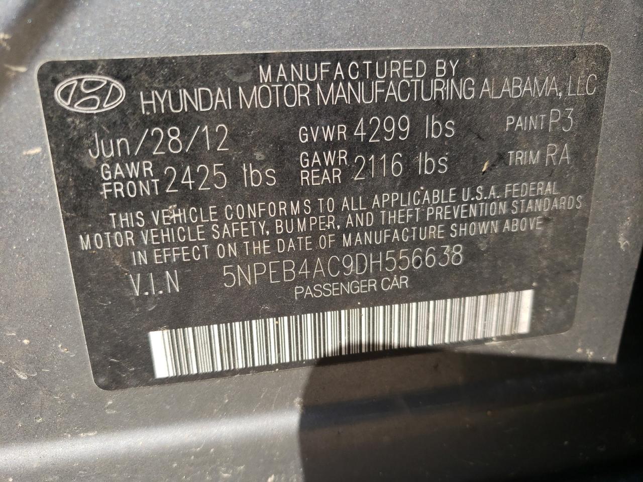 Photo 10 from auction – 2013 HYUNDAI SONATA GLS with VIN 5NPEB4AC9DH556638