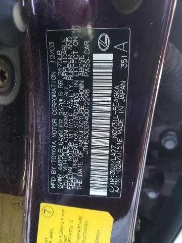 LEXUS ES 330 2004 with VIN JTHBA30G940012298 - Photo from auction
