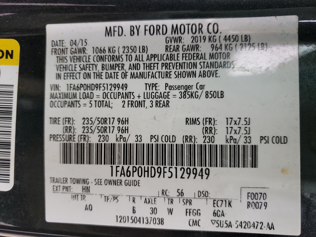 Photo 10 from auction – 2015 FORD FUSION SE with VIN 1FA6P0HD9F5129949