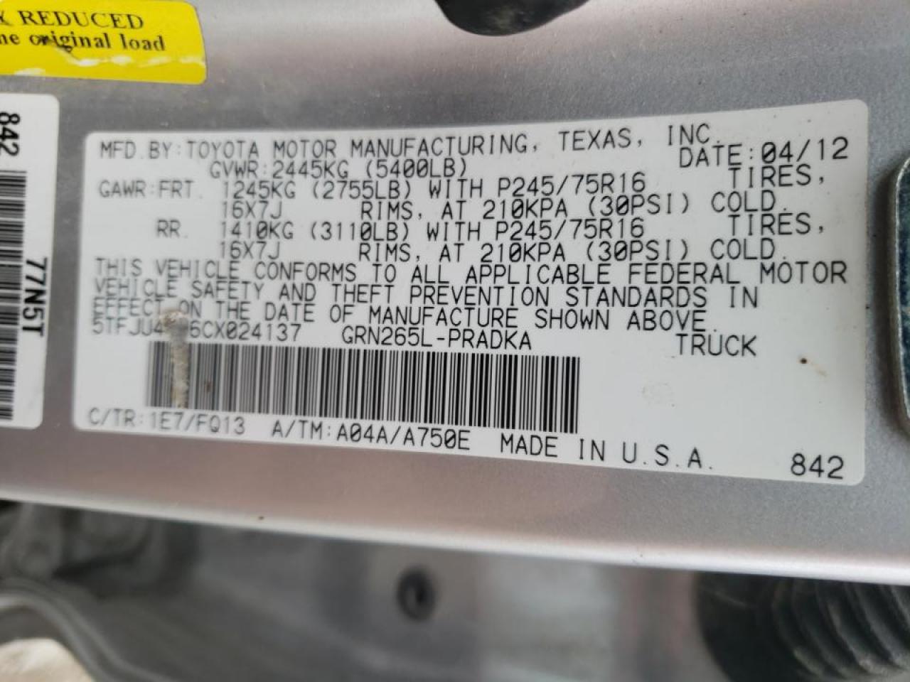Photo 10 from auction – 2012 TOYOTA TACOMA with VIN 5TFJU4GN6CX024137