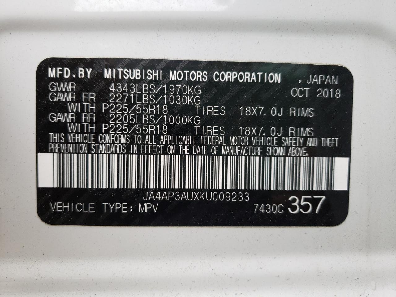 Photo 10 from auction – 2019 MITSUBISHI OUTLANDER with VIN JA4AP3AUXKU009233
