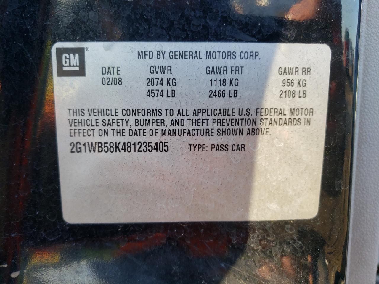 Photo 10 from auction – 2008 CHEVROLET IMPALA LS with VIN 2G1WB58K481235405