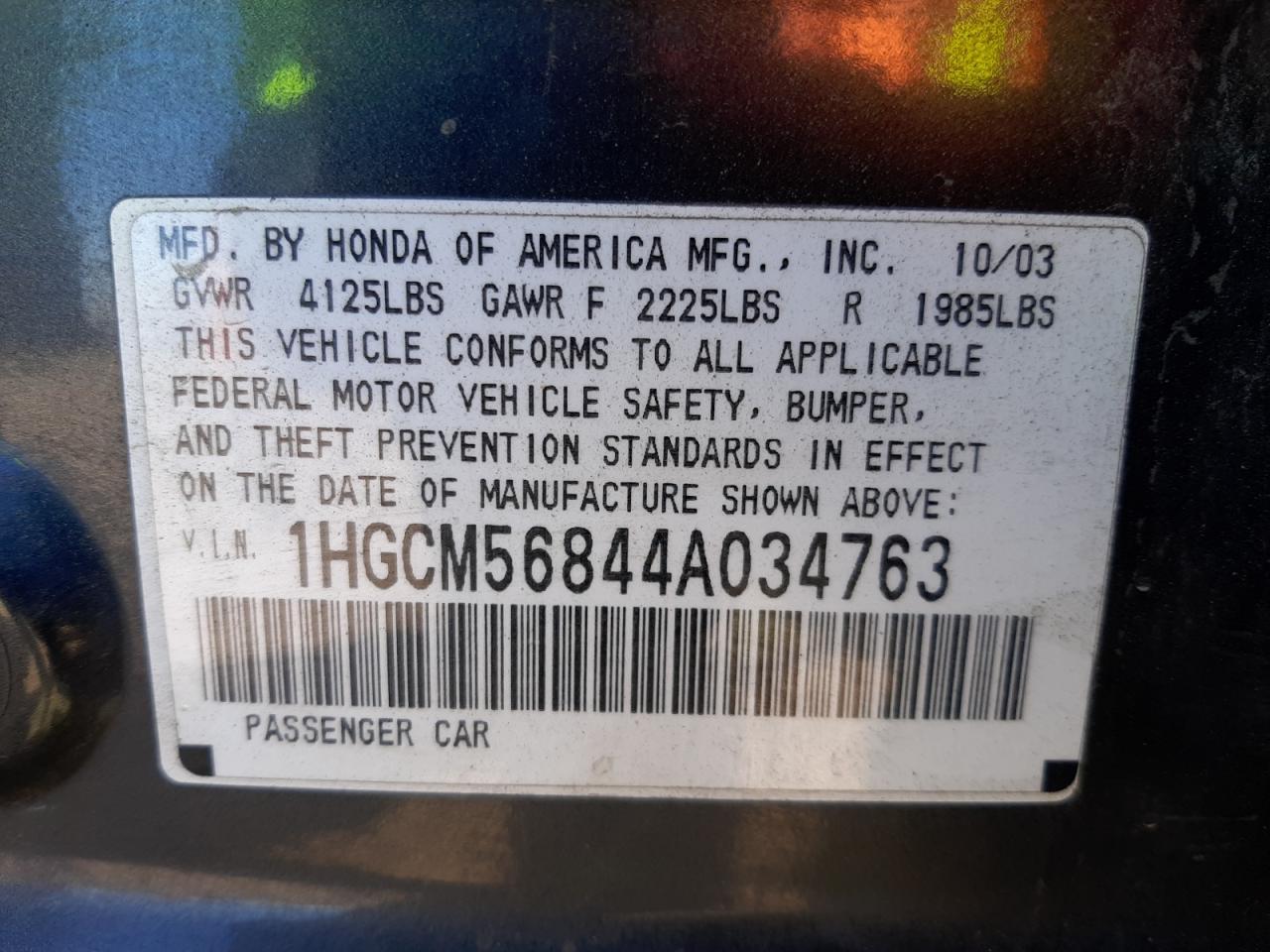 Photo 10 from auction – 2004 HONDA ACCORD EX with VIN 1HGCM56844A034763