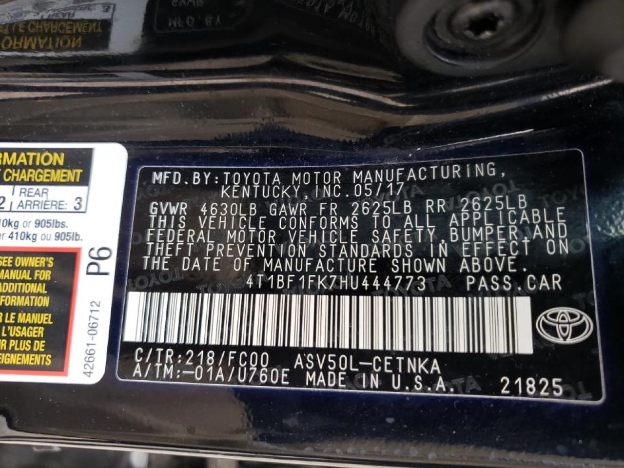 Photo 10 from auction – 2017 TOYOTA CAMRY LE with VIN 4T1BF1FK7HU444773